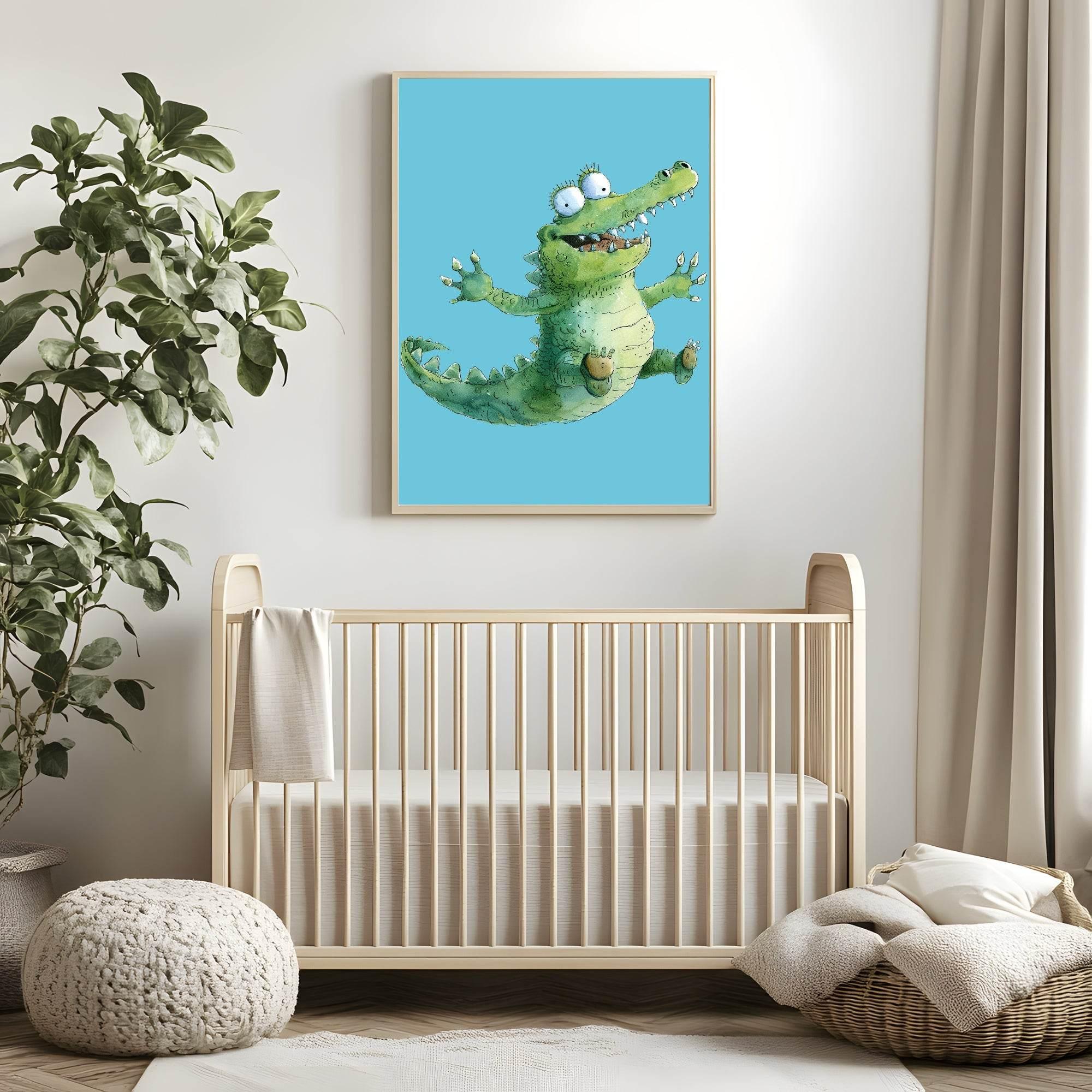 Happy Jumping Crocodile Print | Blue | Nursery Wall Art - Larosier Prints