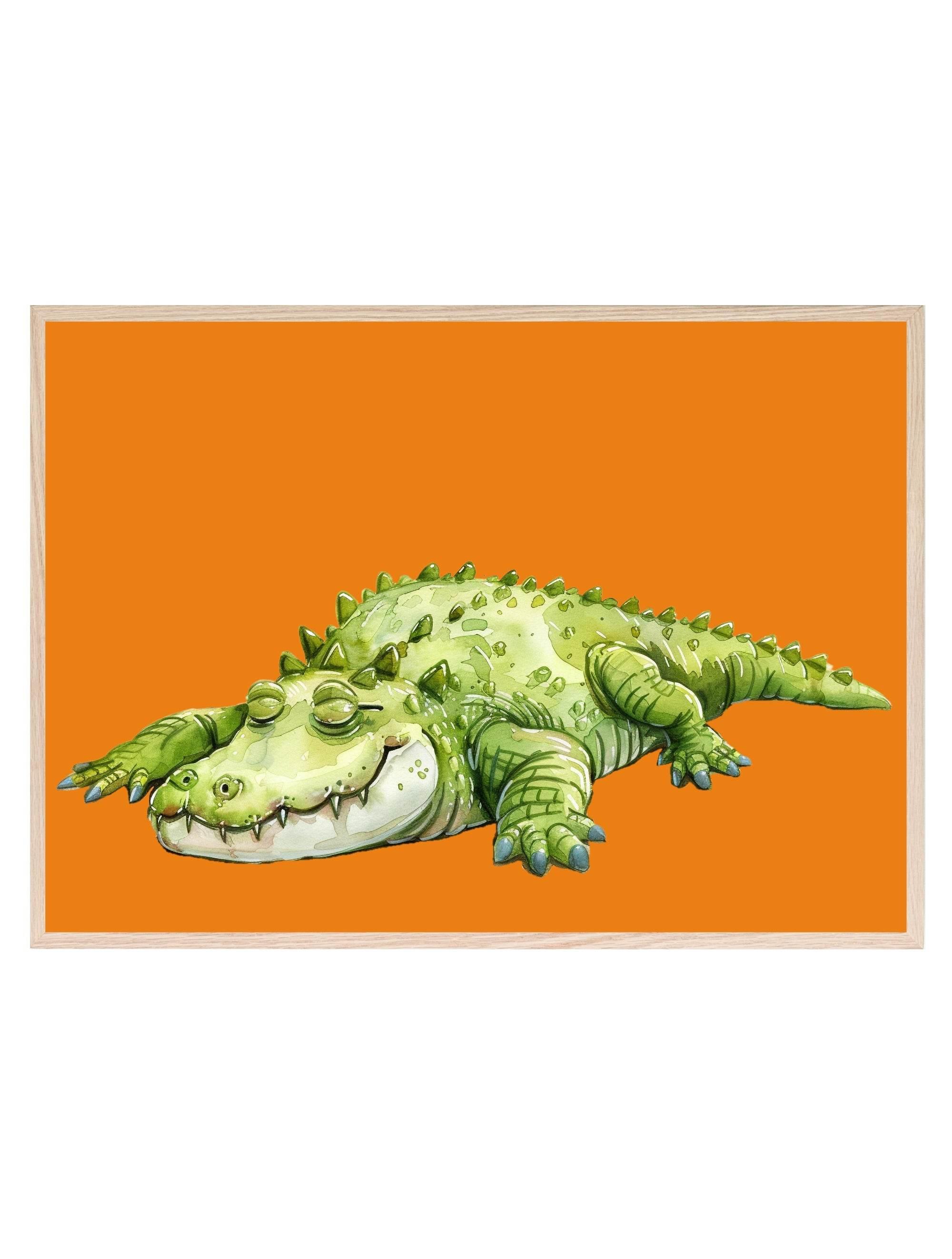 Sleeping Crocodile Print | Orange | Nursery Wall Art - Larosier Prints