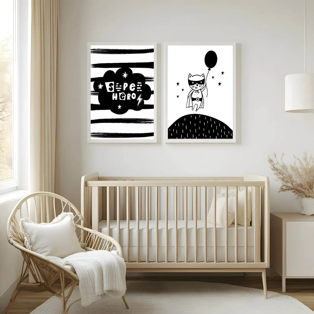 Superhero Print | Monochrome | Stripes | Nursery Wall Art - Larosier Prints