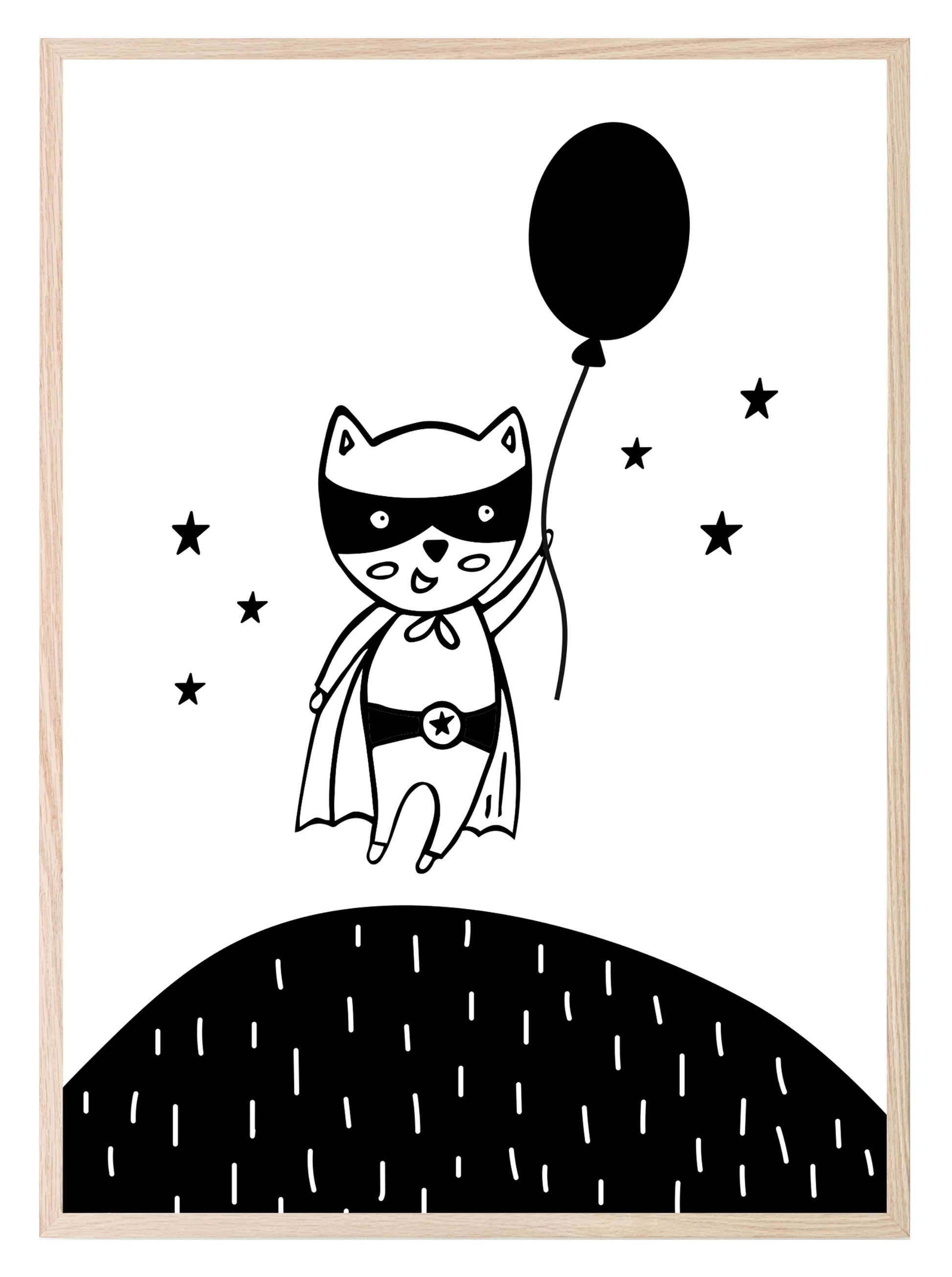 Superhero Holding A Balloon Print | Monochrome | Nursery Wall Art