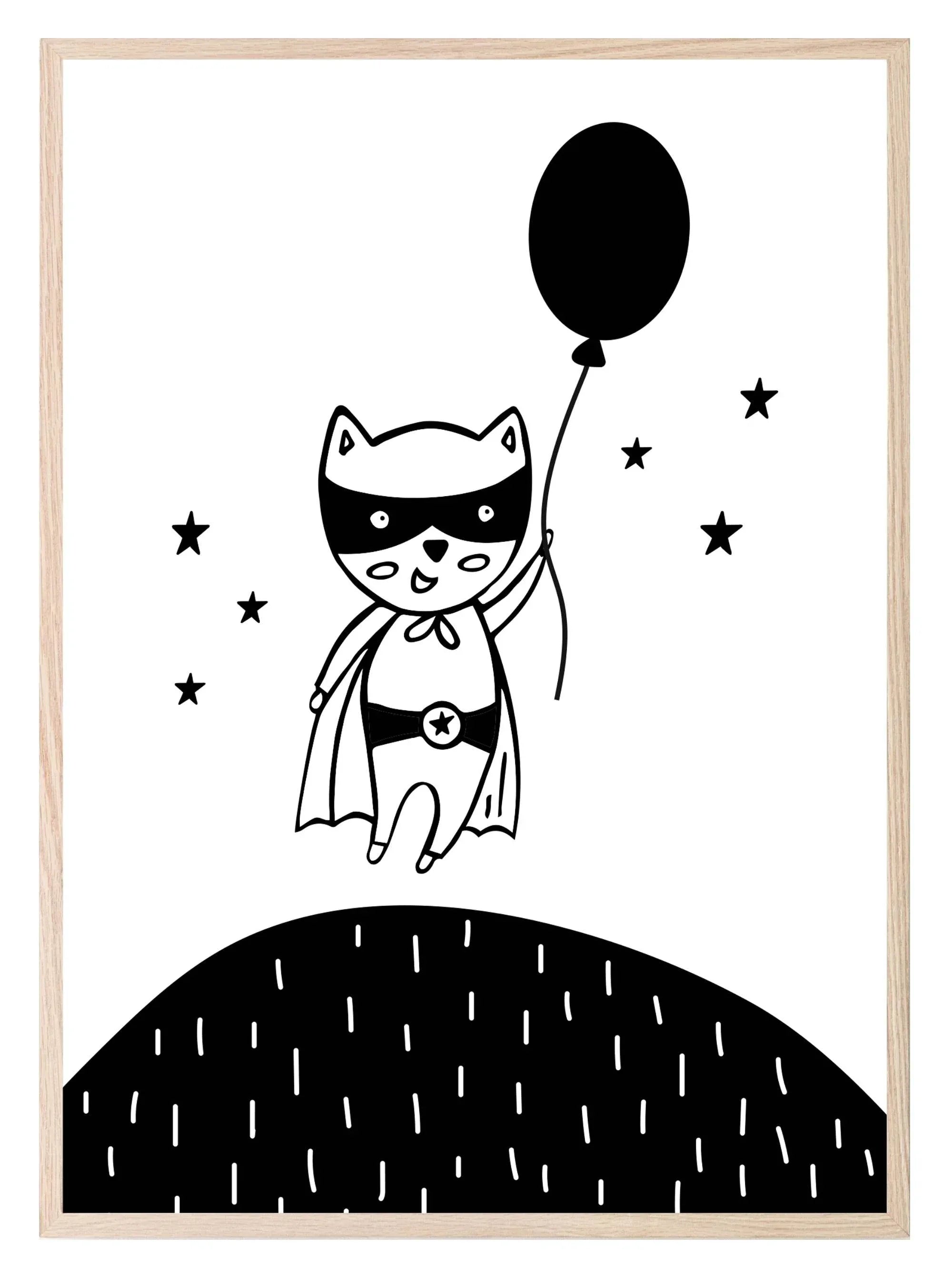 Superhero Holding A Balloon Print | Monochrome | Nursery Wall Art - Larosier Prints