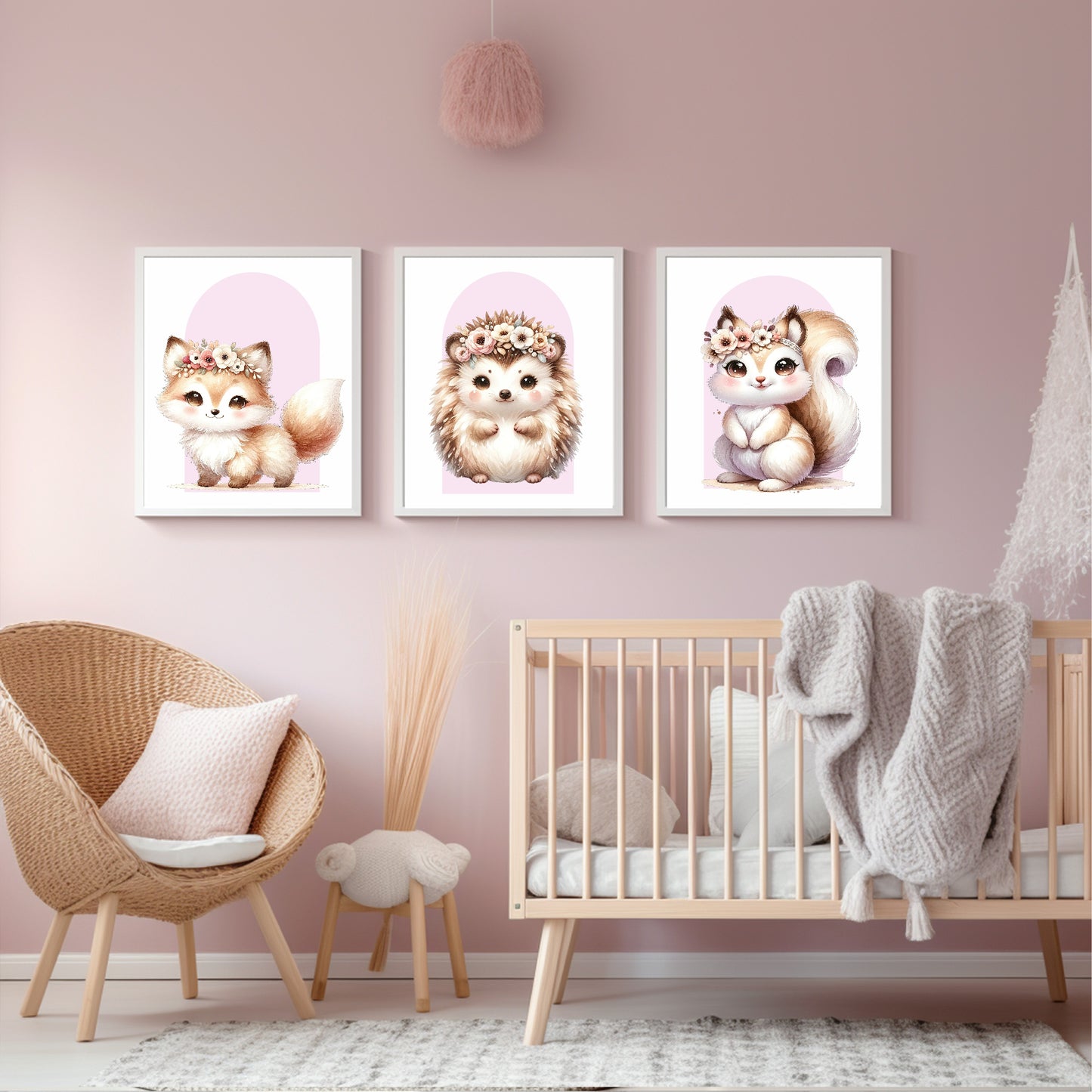 Cute Baby Fox Print | Pink Arch | Floral | Woodland Collection | Nursery Wall Art