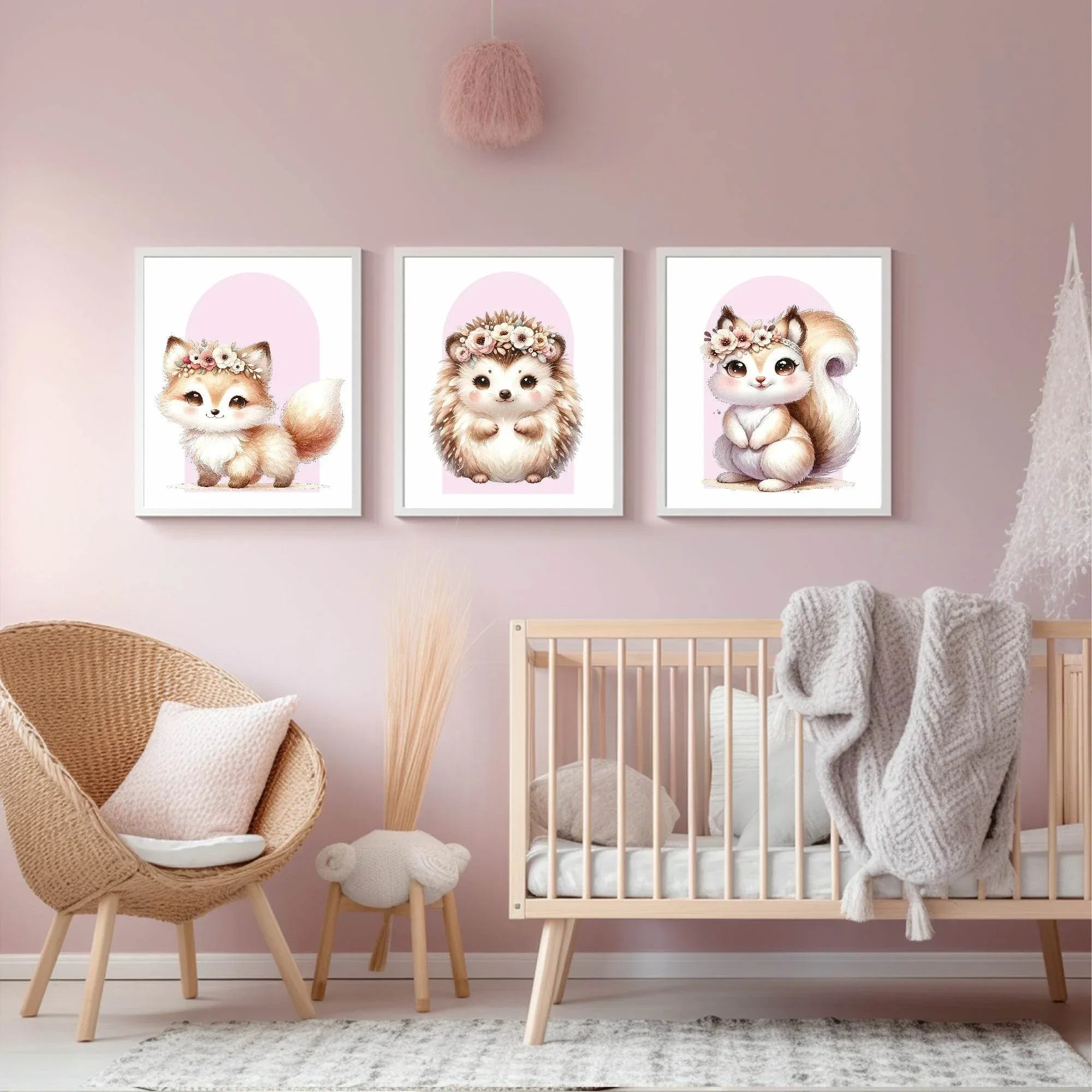 Cute Baby Fox Print | Pink Arch | Floral | Woodland Collection | Nursery Wall Art - Larosier Prints