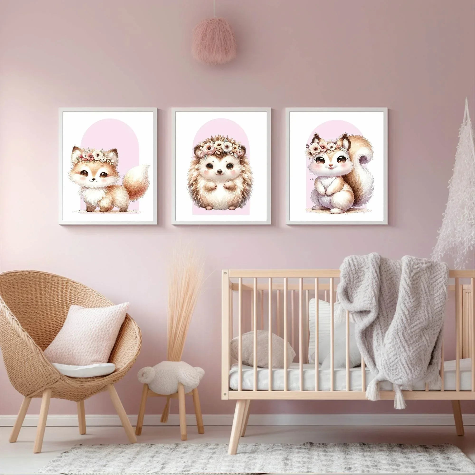 Cute Baby Squirrel Print | Pink Arch | Floral | Woodland Collection | Nursery Wall Art - Larosier Prints