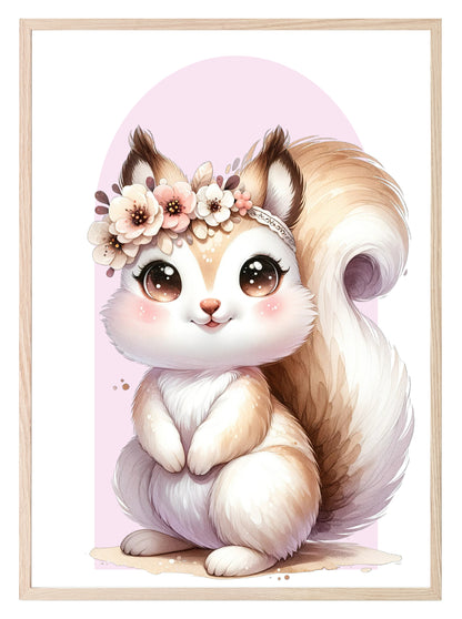 Cute Baby Squirrel Print | Pink Arch | Floral | Woodland Collection | Nursery Wall Art