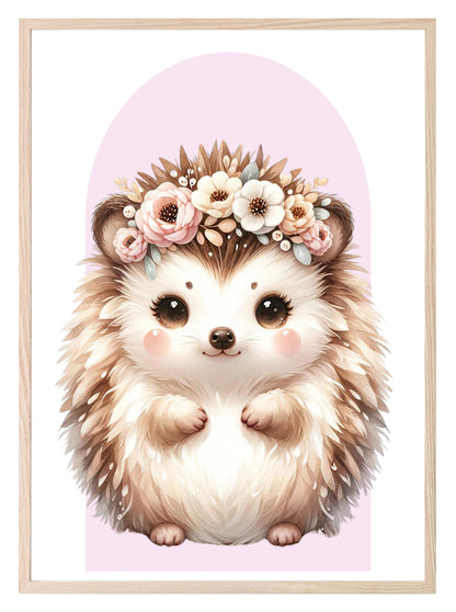 Cute Baby Hedgehog Print | Pink Arch | Floral | Woodland Collection | Nursery Wall Art