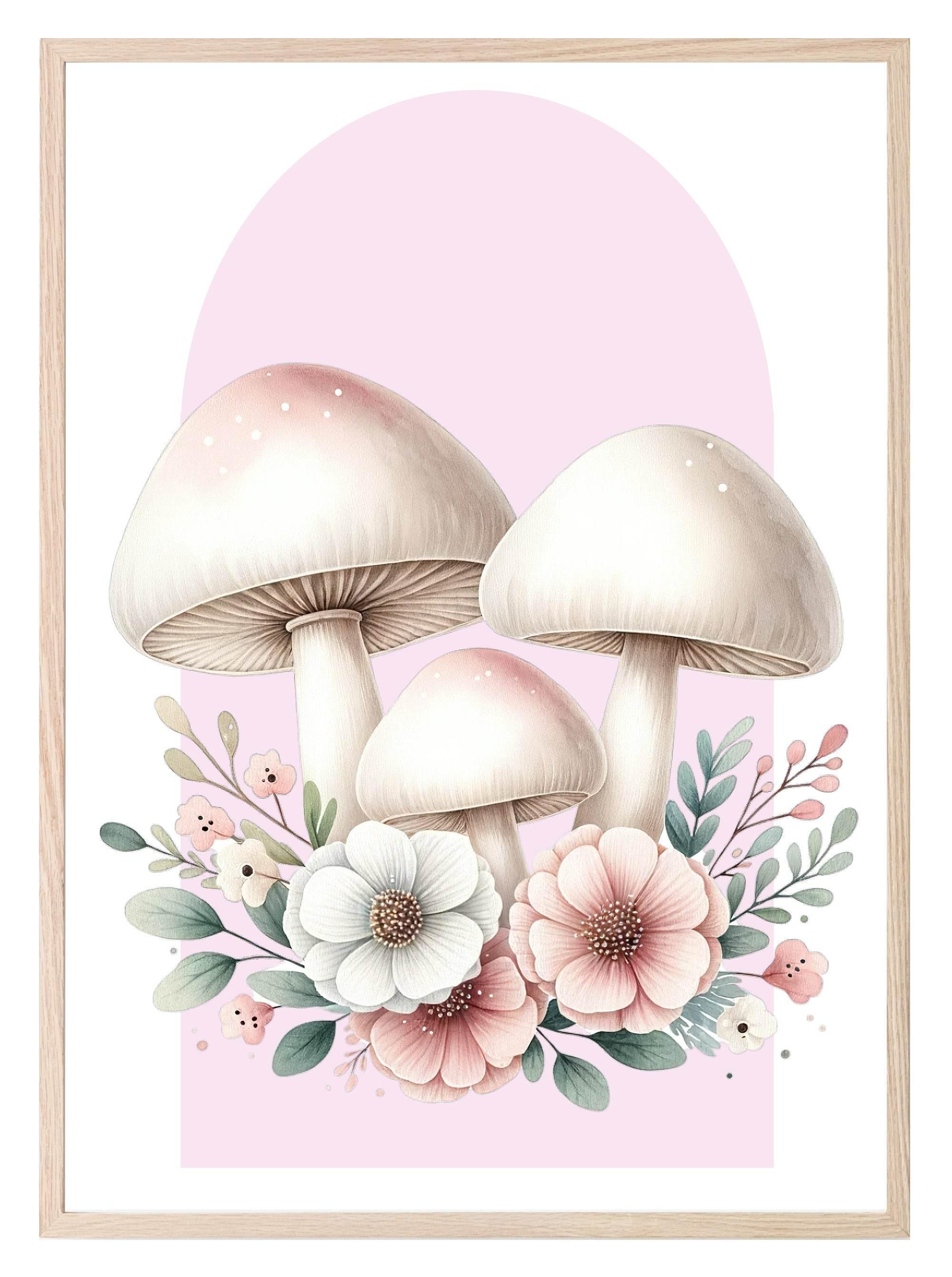 Mushrooms Print | Pink Arch | Floral | Woodland Collection | Nursery Wall Art - Larosier Prints