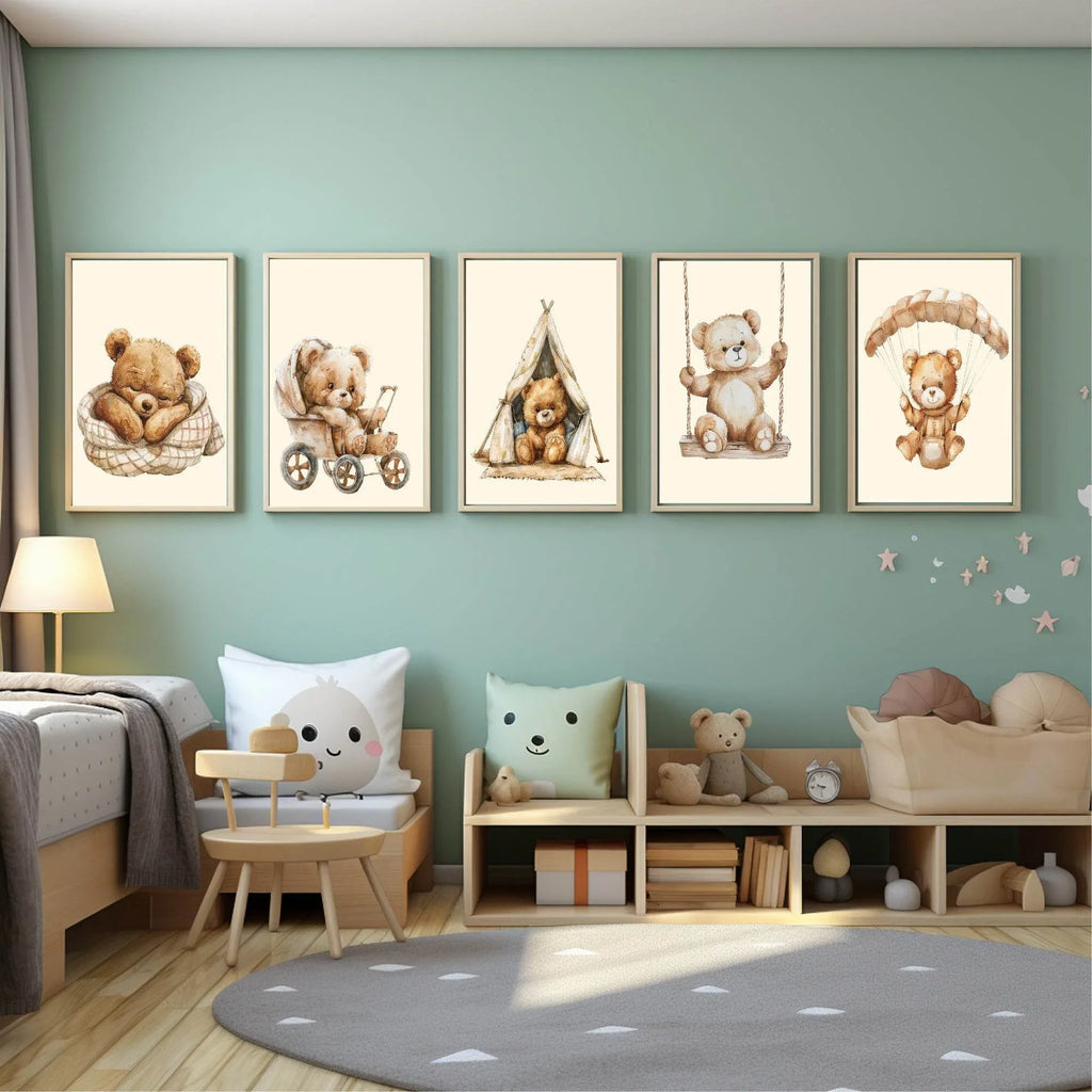 Teddy In Play Swing Print | Vintage Teddy Collection | Nursery Wall Art - Larosier Prints