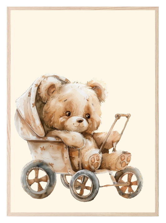 Teddy In Pram Print | Vintage Teddy Collection | Nursery Wall Art