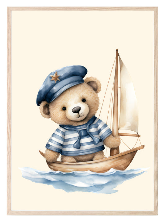 Teddy In Sailing Boat Print | Nautical Collection | Nursery Wall Art