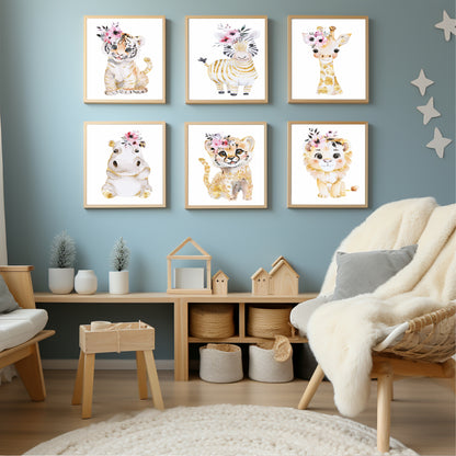 Giraffe Print | Floral & Gold | Nursery Wall Art