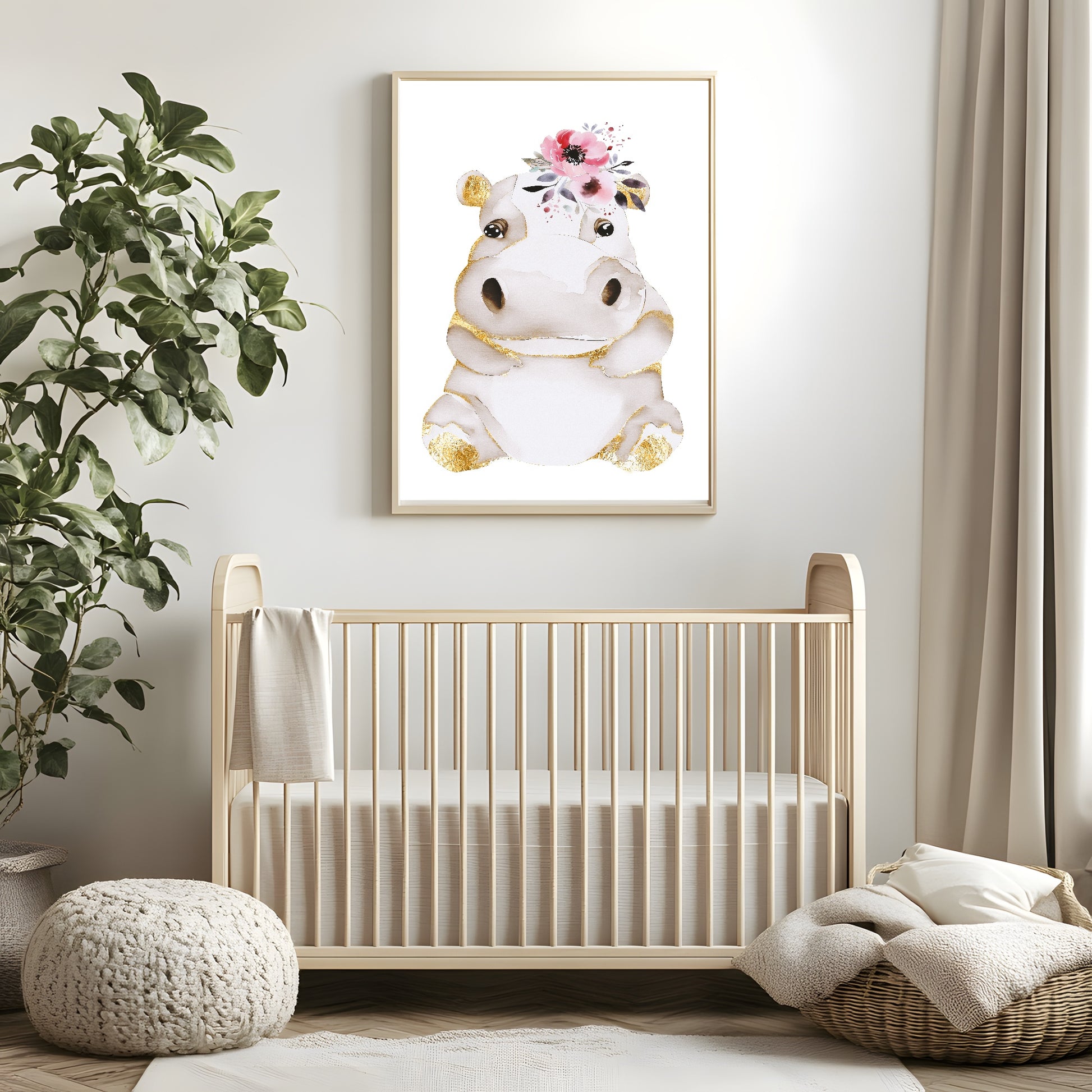 Hippo Print | Floral & Gold | Nursery Wall Art