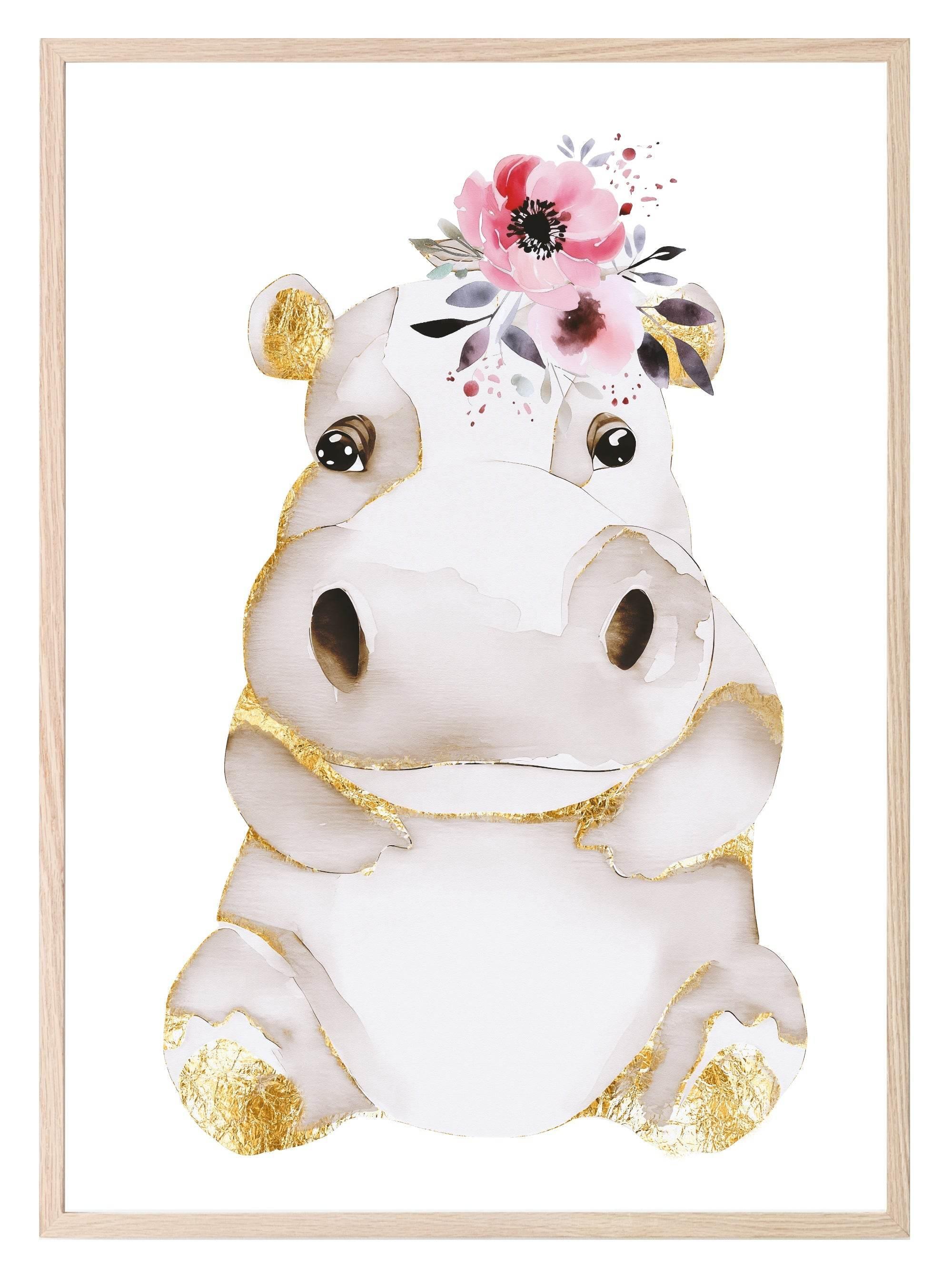 Hippo Print | Floral & Gold | Nursery Wall Art - Larosier Prints