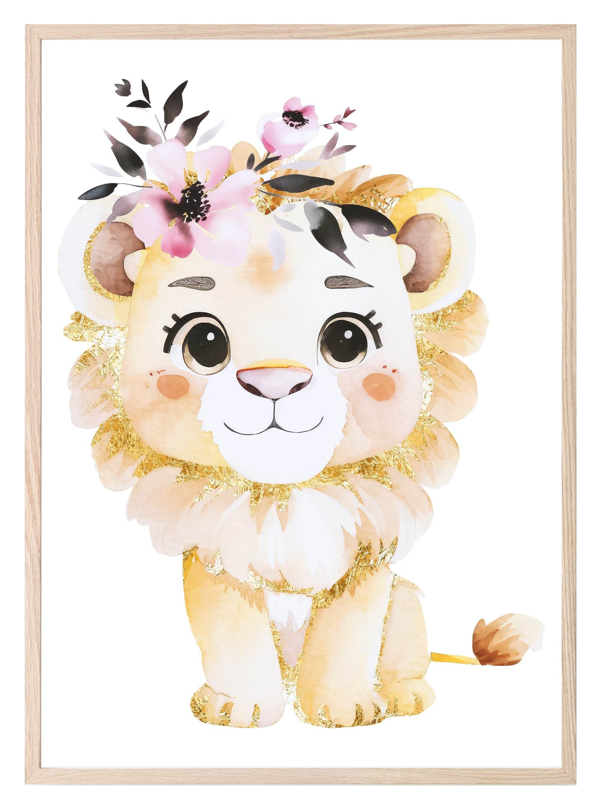 Lion Print | Floral & Gold | Nursery Wall Art - Larosier Prints