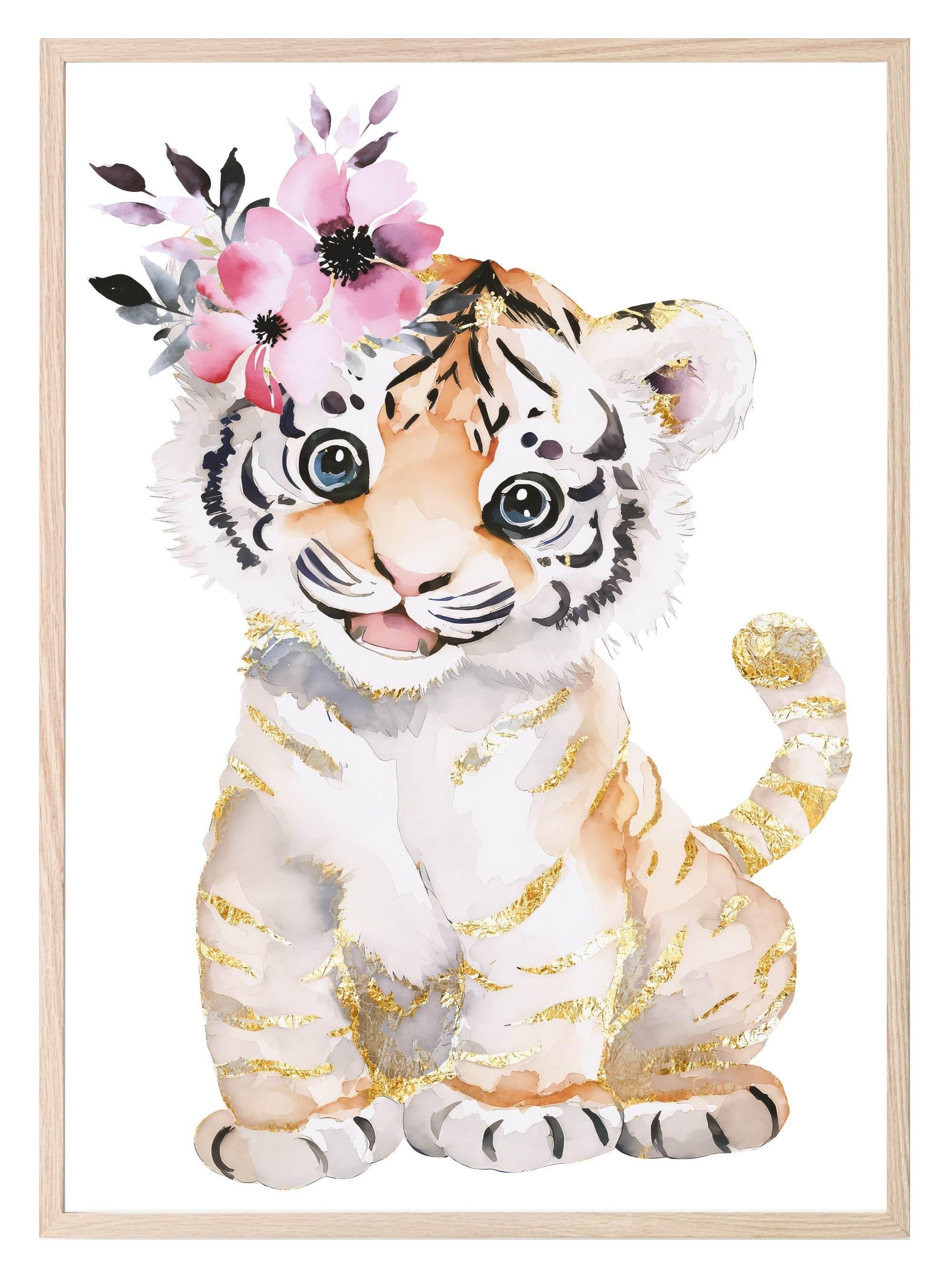 Lion Cub Print | Floral & Gold | Nursery Wall Art - Larosier Prints