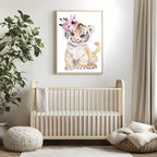 Lion Cub Print | Floral & Gold | Nursery Wall Art - Larosier Prints
