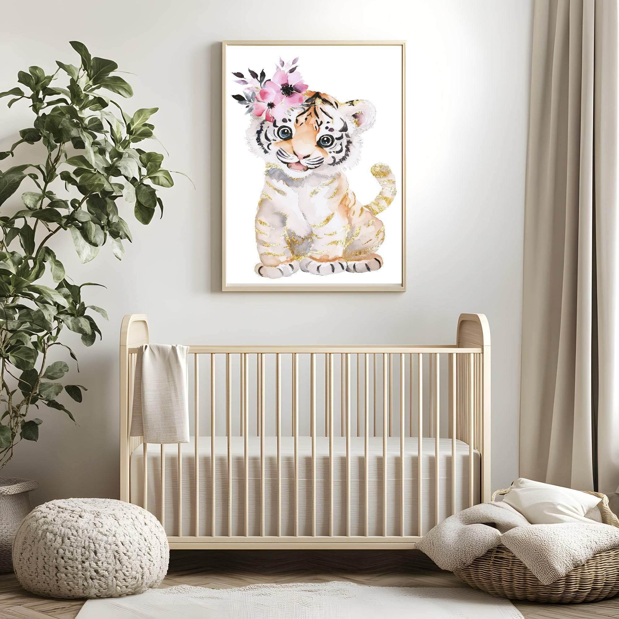 Lion Cub Print | Floral & Gold | Nursery Wall Art - Larosier Prints