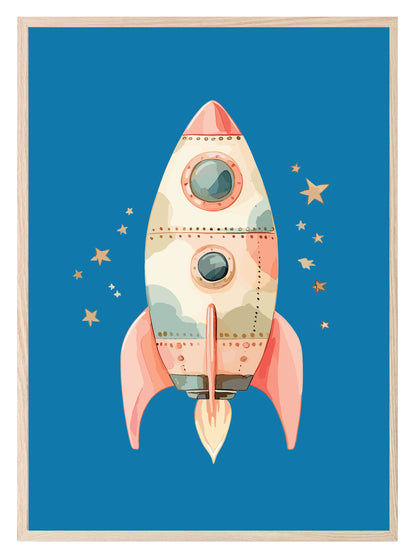 Pink Rocket Print | Blue | Nursery Wall Art