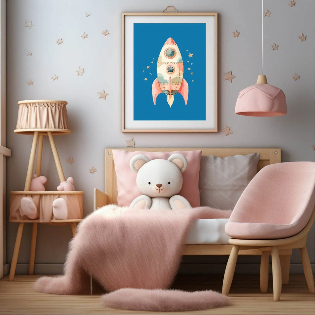 Pink Rocket Print | Blue | Nursery Wall Art - Larosier Prints