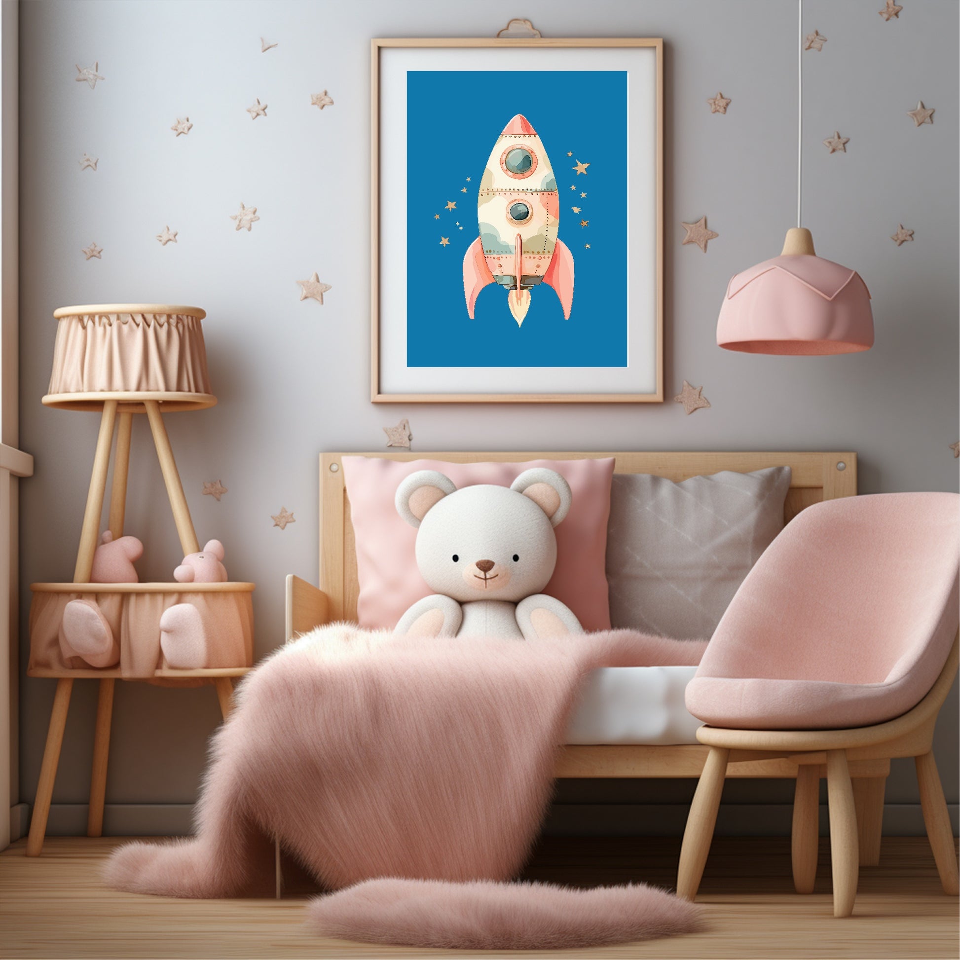 Pink Rocket Print | Blue | Nursery Wall Art