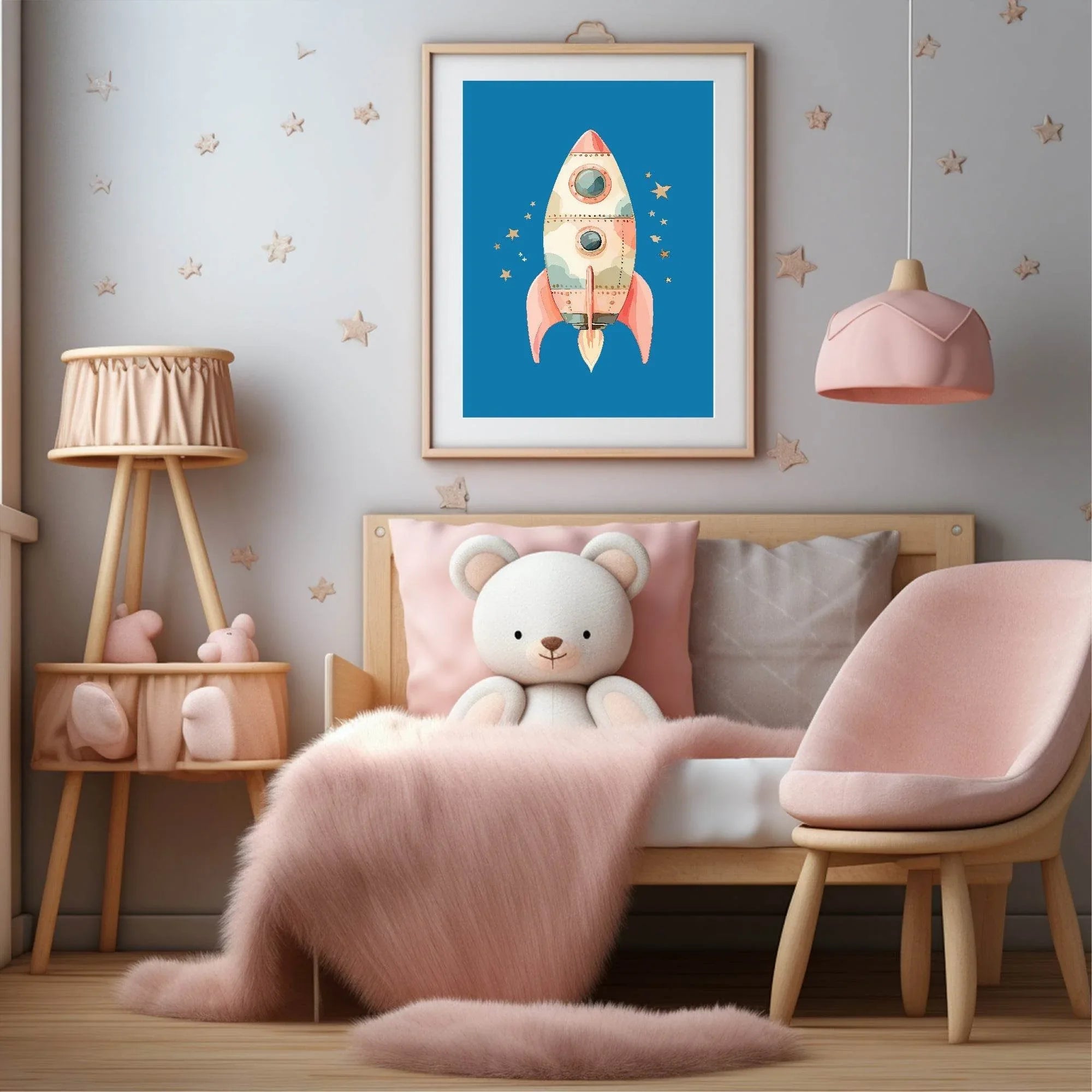 Pink Rocket Print | Blue | Nursery Wall Art - Larosier Prints