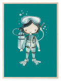 Scuba Diver Girl Print | Green | Nursery Wall Art - Larosier Prints