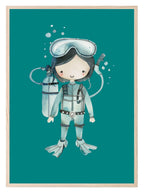 Scuba Diver Girl Print | Green | Nursery Wall Art - Larosier Prints