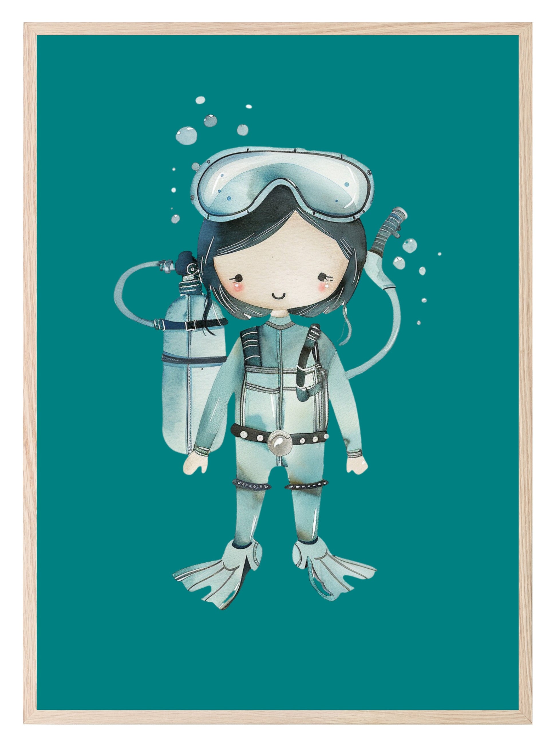 Scuba Diver Girl Print | Green | Nursery Wall Art