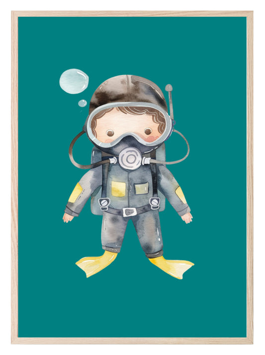 Scuba Diver Toddler Print | Green | Nursery Wall Art