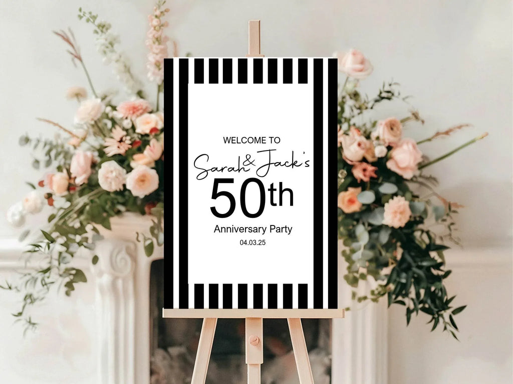 Black & White Stripe Welcome Anniversary Party Sign - Larosier Prints