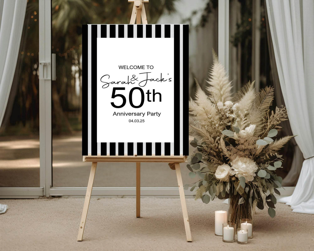 Black & White Stripe Welcome Anniversary Party Sign - Larosier Prints