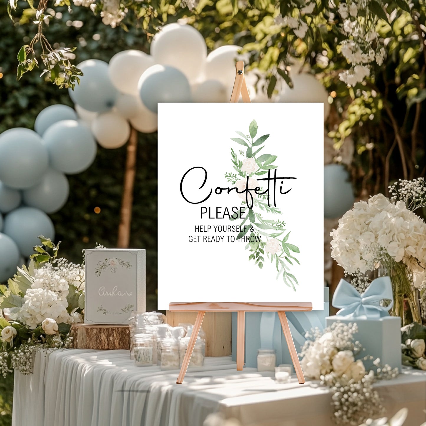 Green & White Rose Confetti Wedding Sign