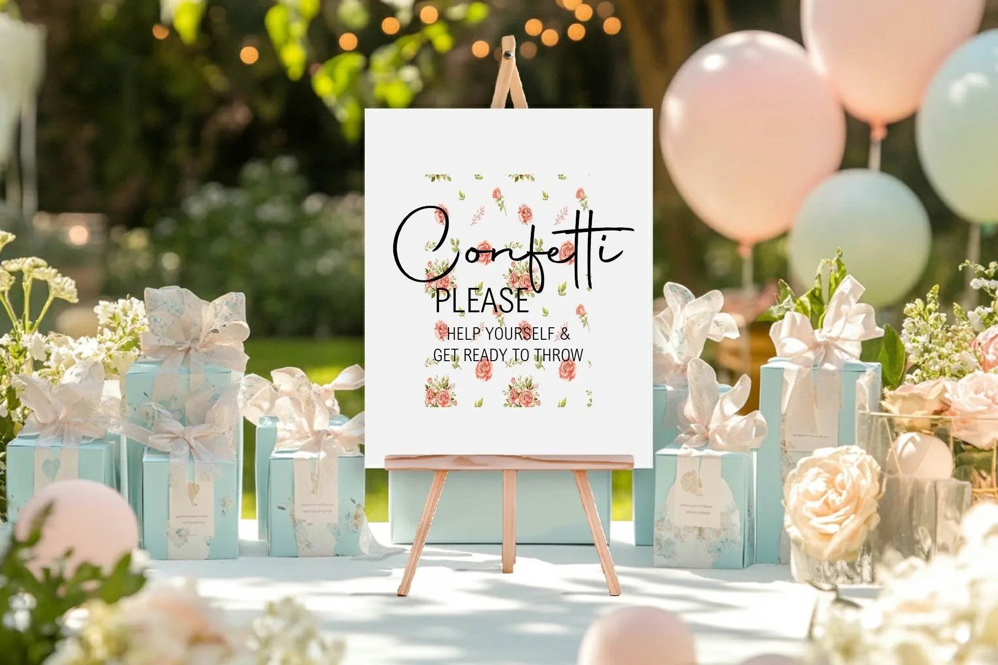 Pink Rose Confetti Wedding Party Sign - Larosier Prints