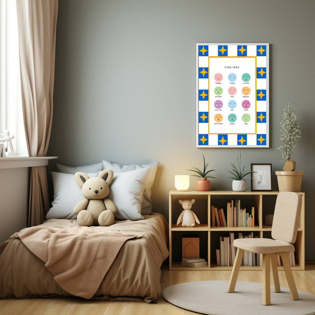 Blue Checked & Stars Feelings Poster | Emotional Support Tool Wall Art
