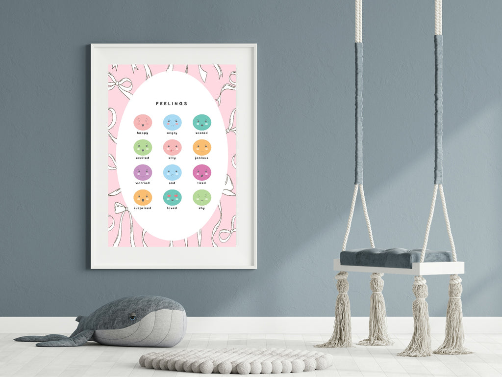 Framed educational poster on a wall with two children's swings below.