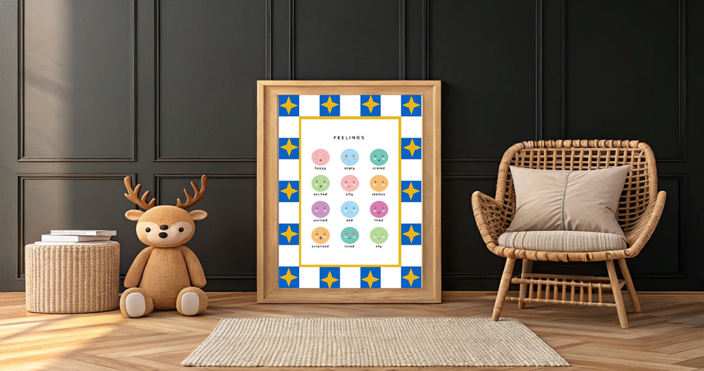 Blue Checked & Stars Feelings Poster | Emotional Support Tool Wall Art