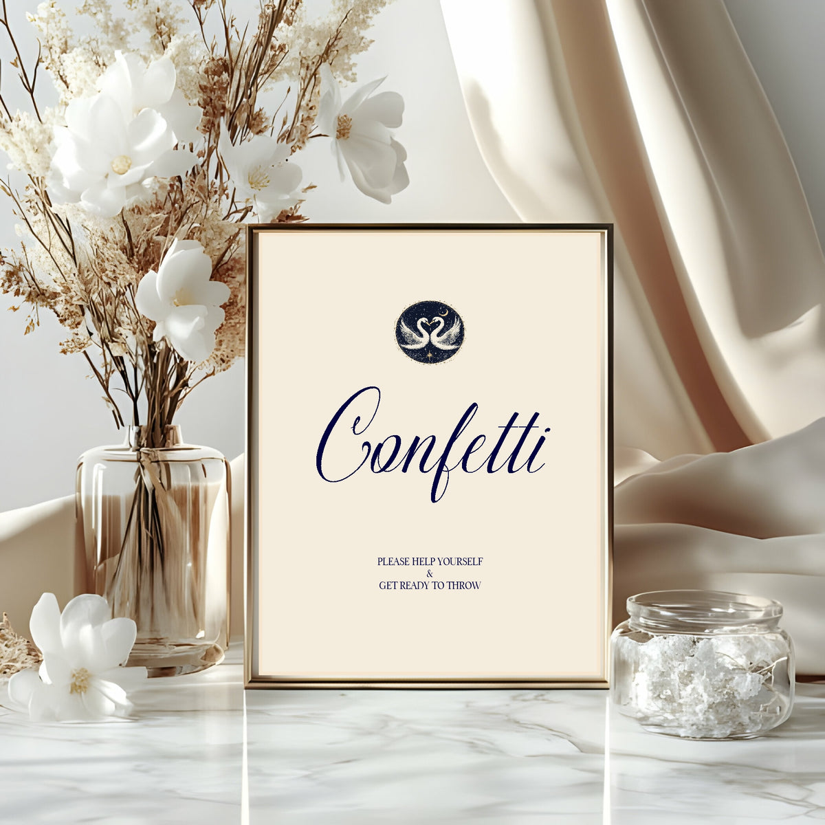 Celestial Swan wedding confetti sign detail