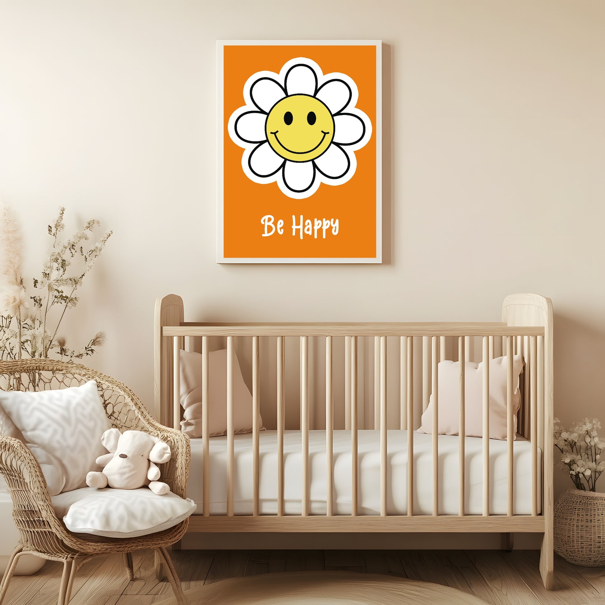 Be Happy Print | Daisy | Orange | Nursery Wall Art