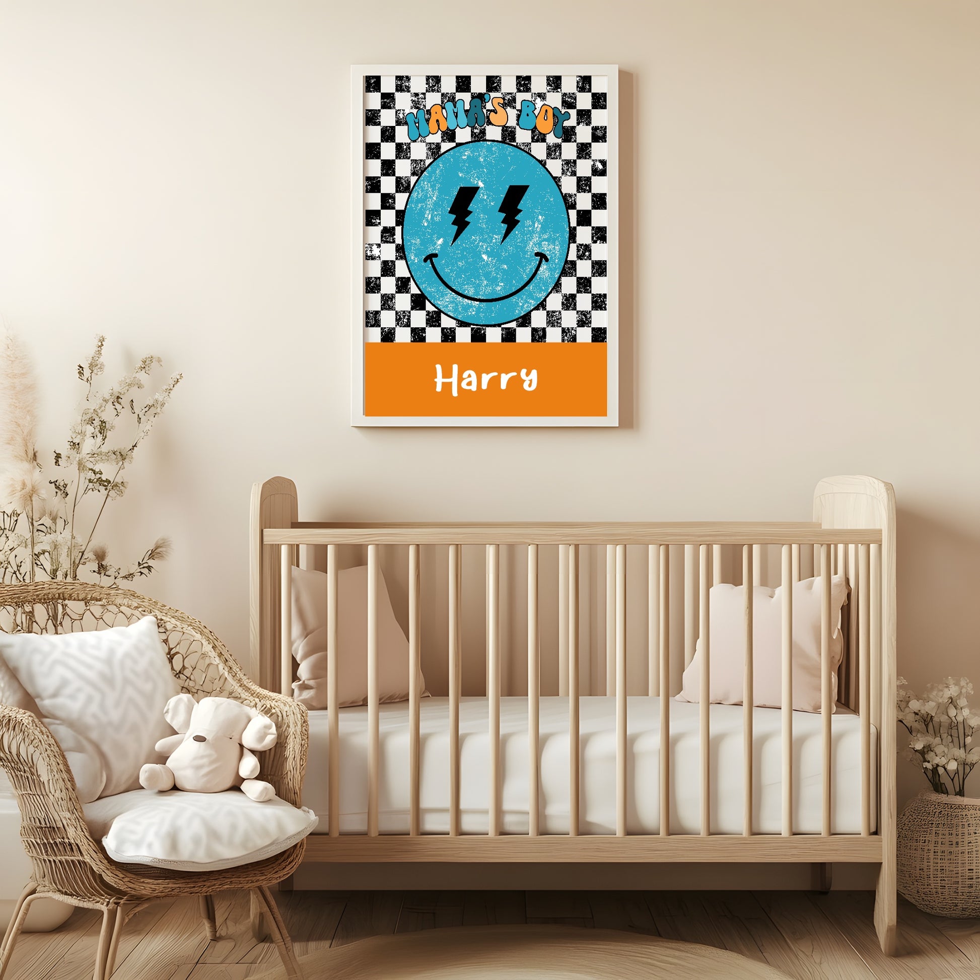 Mama's Boy Emoji Print | Checkerboard | Personalised Name | Nursery Wall Art