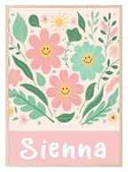 Smiley Daisies Print | Colourful | Floral | Personalised Name | Pink | Nursery Wall Art - Larosier Prints