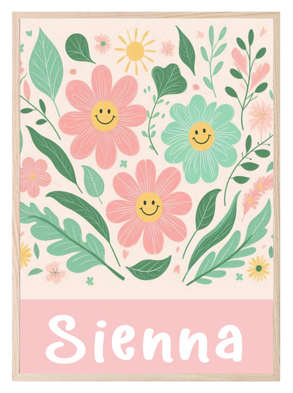 Smiley Daisies Print | Colourful | Floral | Personalised Name | Pink | Nursery Wall Art