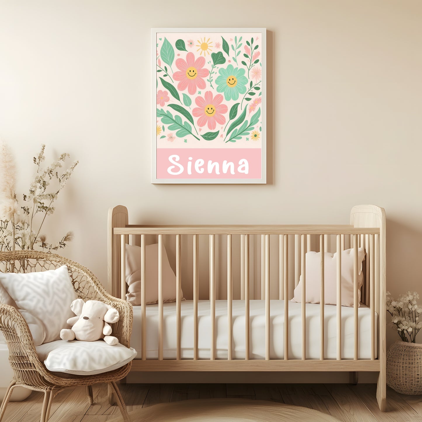 Smiley Daisies Print | Colourful | Floral | Personalised Name | Pink | Nursery Wall Art