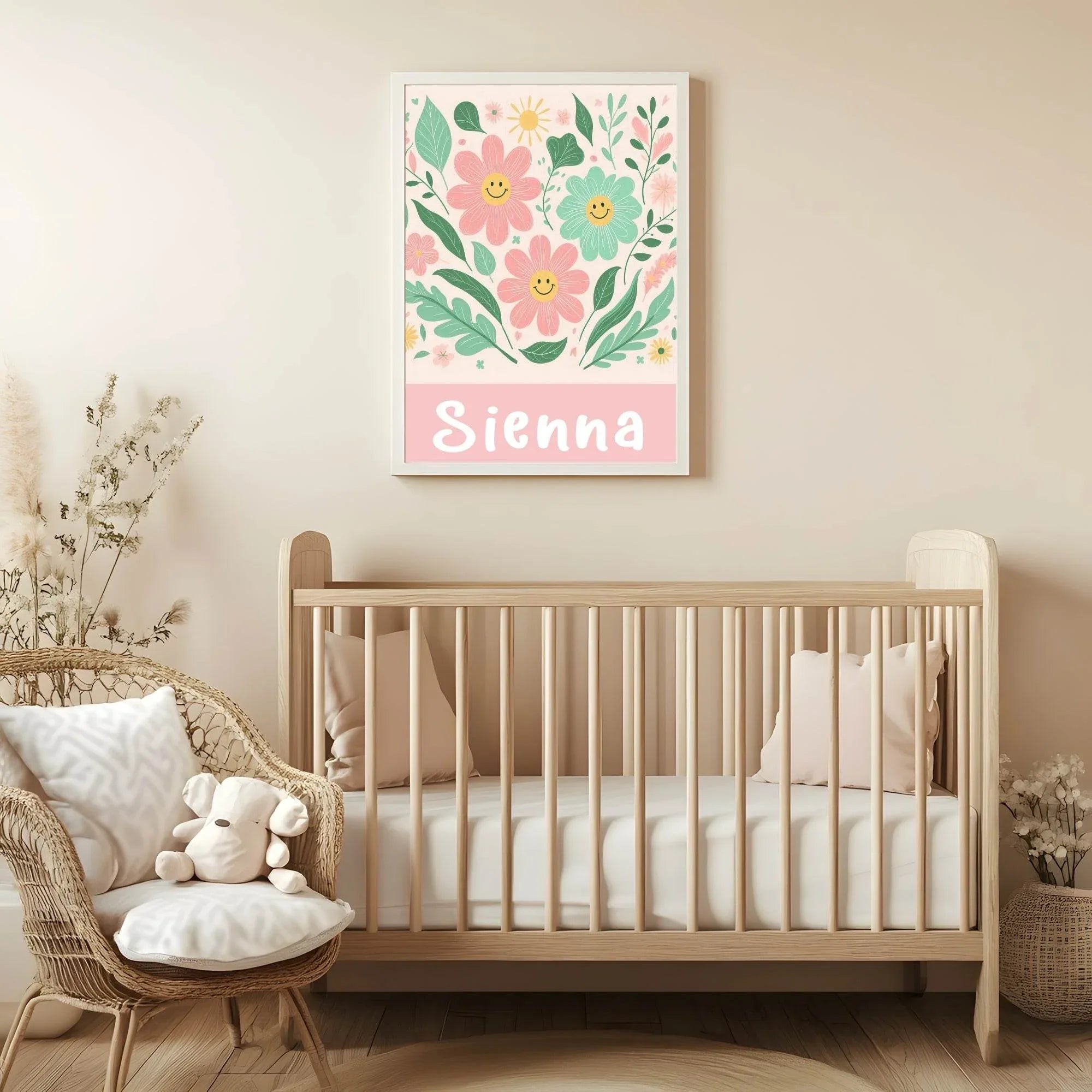 Smiley Daisies Print | Colourful | Floral | Personalised Name | Pink | Nursery Wall Art - Larosier Prints