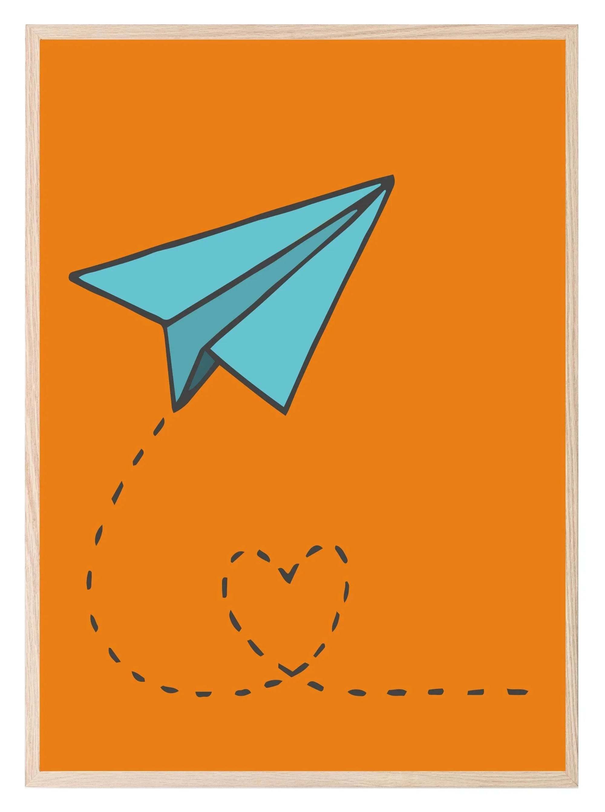 Blue Paper Plane Love Print | Orange | Kids Wall Art - Larosier Prints