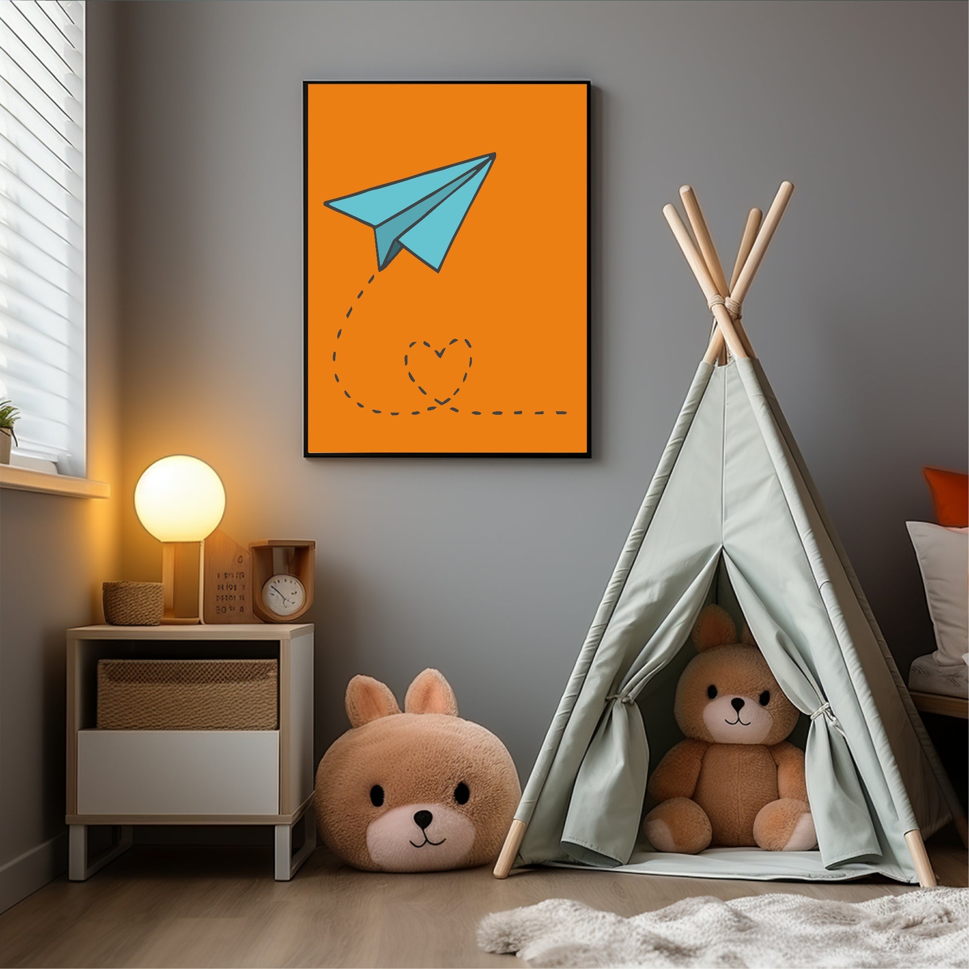 Blue Paper Plane Love Print | Orange | Kids Wall Art