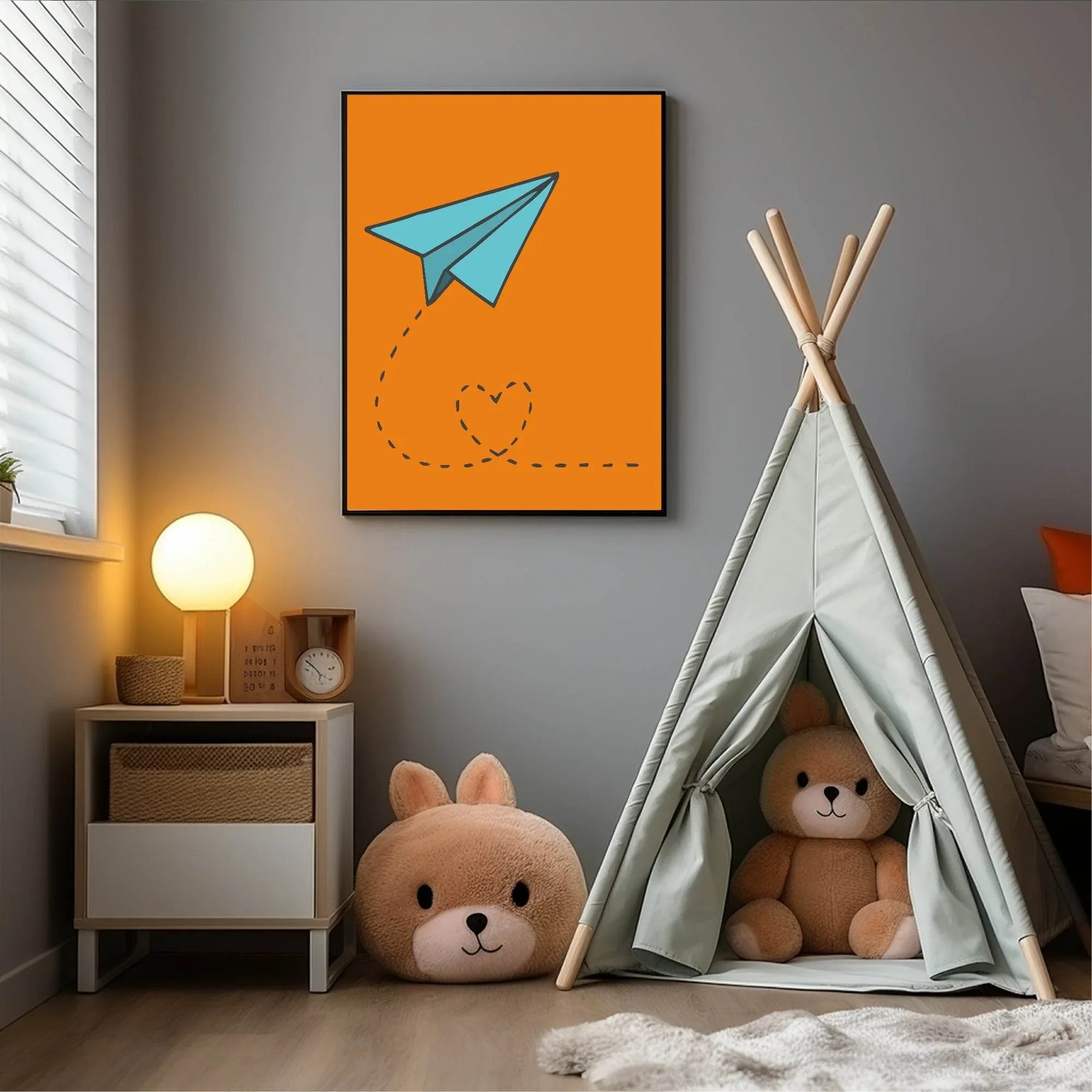 Blue Paper Plane Love Print | Orange | Kids Wall Art - Larosier Prints