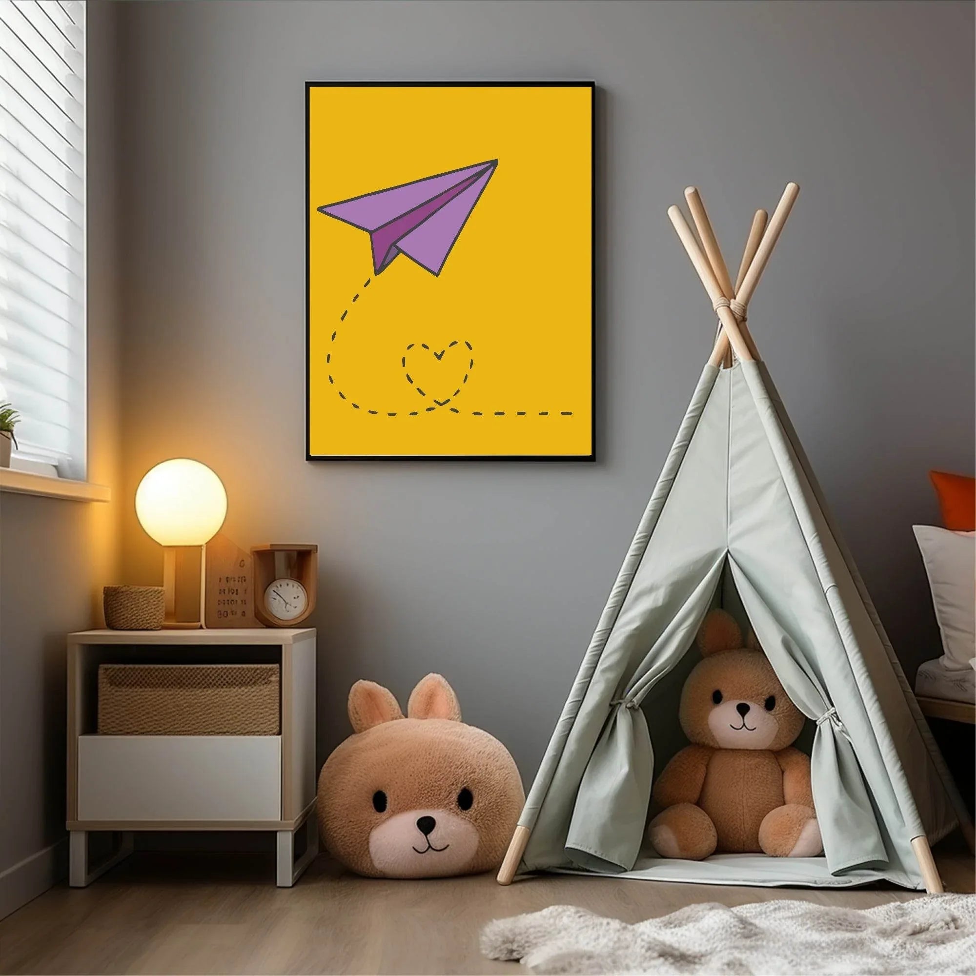 Purple Paper Plane Love Print | Yellow | Kids Wall Art - Larosier Prints