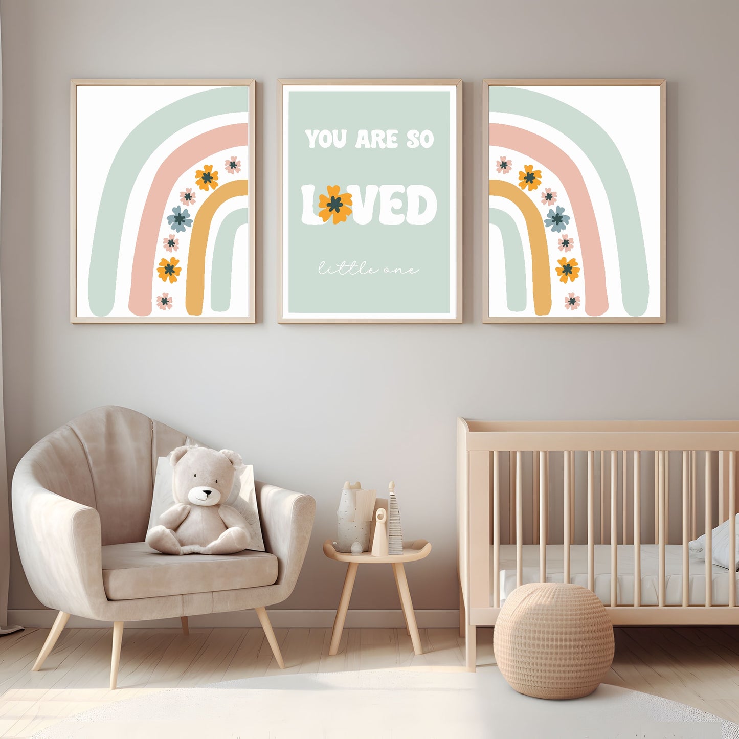 You Are So Loved Little One Print | Floral Rainbow | Mint Green & Pink | Kids Wall Art