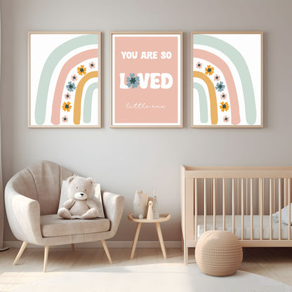 You Are So Loved Little One Print | Floral Rainbow | Mint Green & Pink | Kids Wall Art