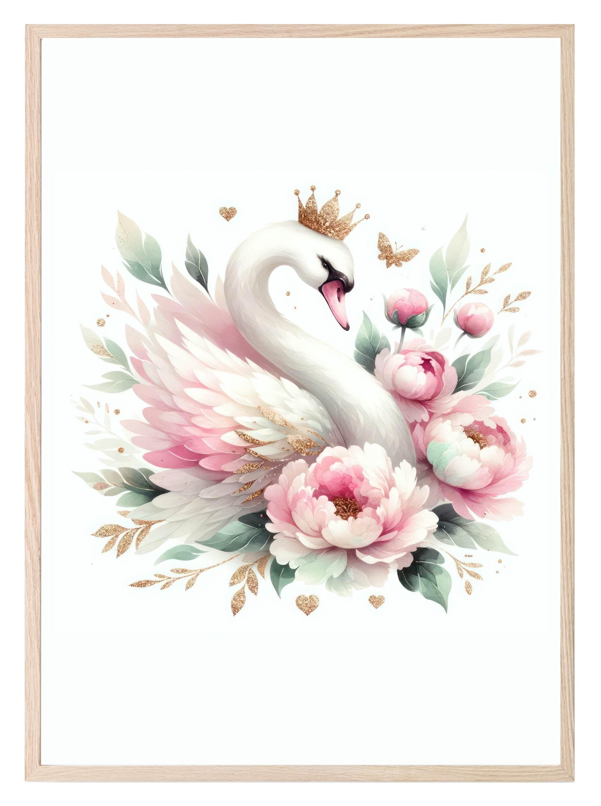 Floral Swan Queen Print | Yellow | Kids Wall Art - Larosier Prints